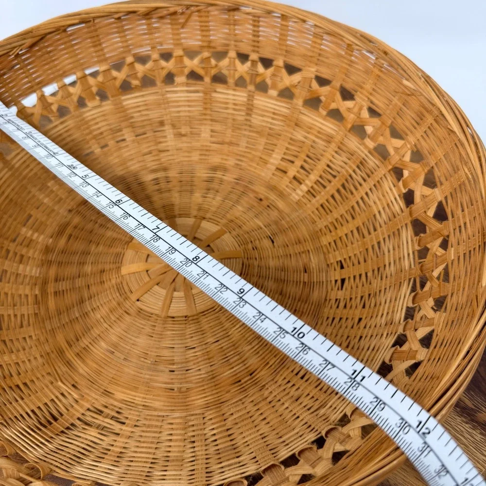 Vintage Woven Bamboo Round Basket Bowl Boho Decor 12 Inch